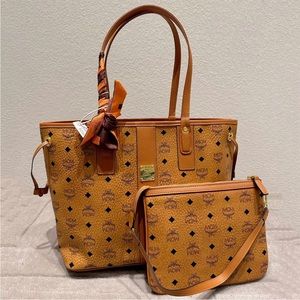 Women's MCM Medium Liz Visetos Cognac Reversible Shopper & Tote Zip Pouch